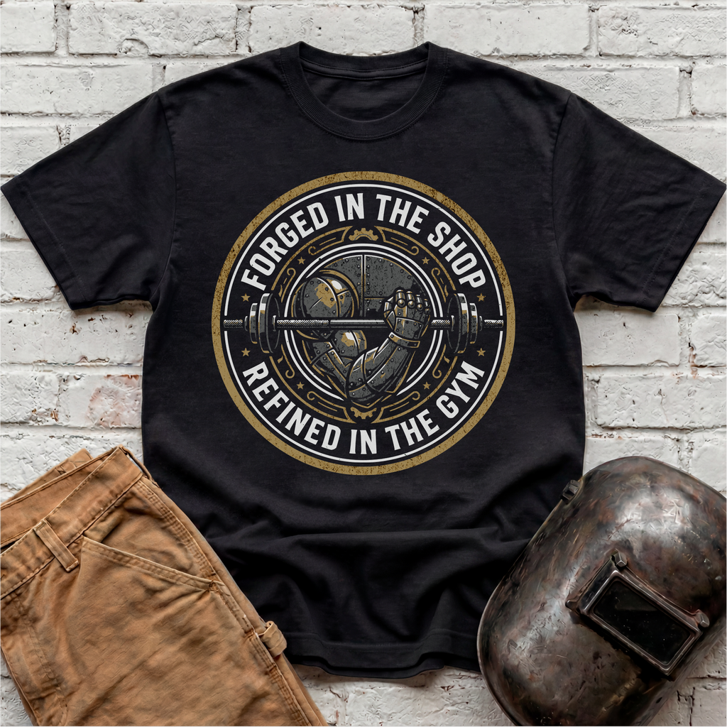 Forged in the Shop, Refined in the Gym Badge T-shirt