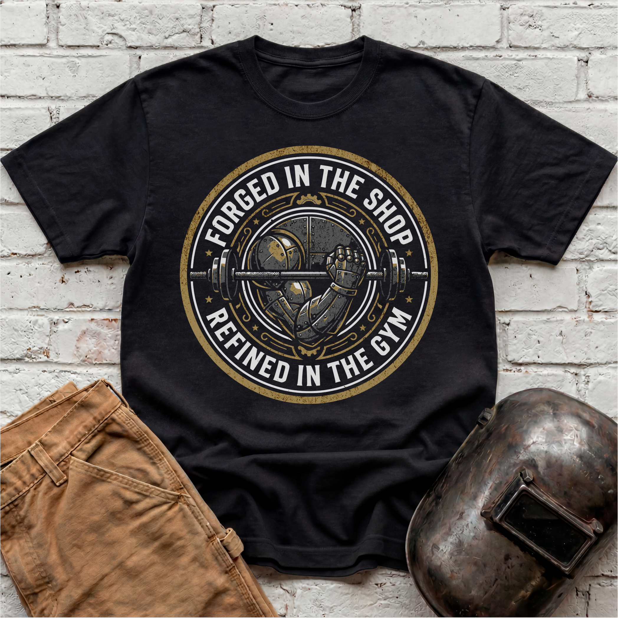 Forged in the Shop, Refined in the Gym Badge T-shirt