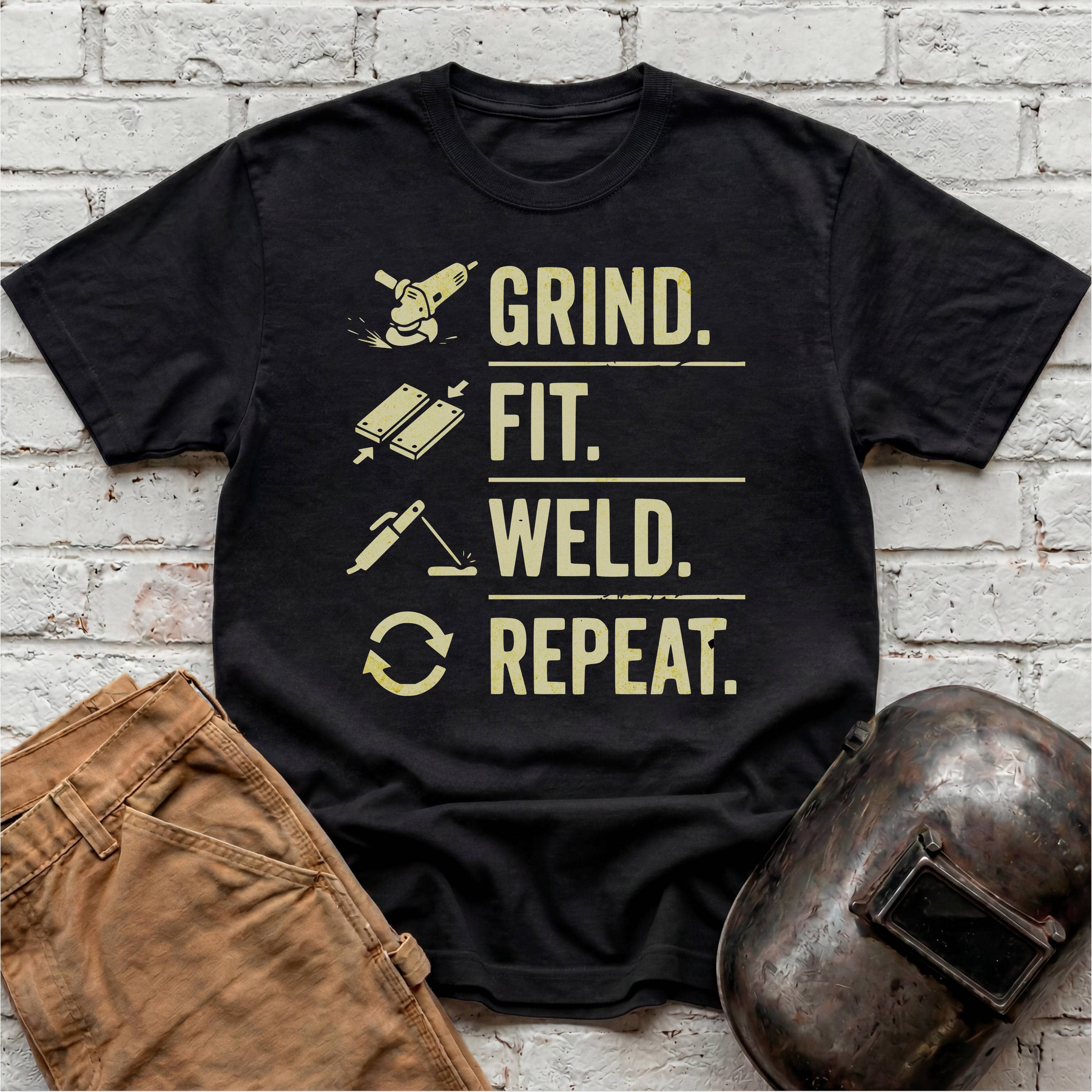 Grind. Fit. Weld. Repeat. T-shirt