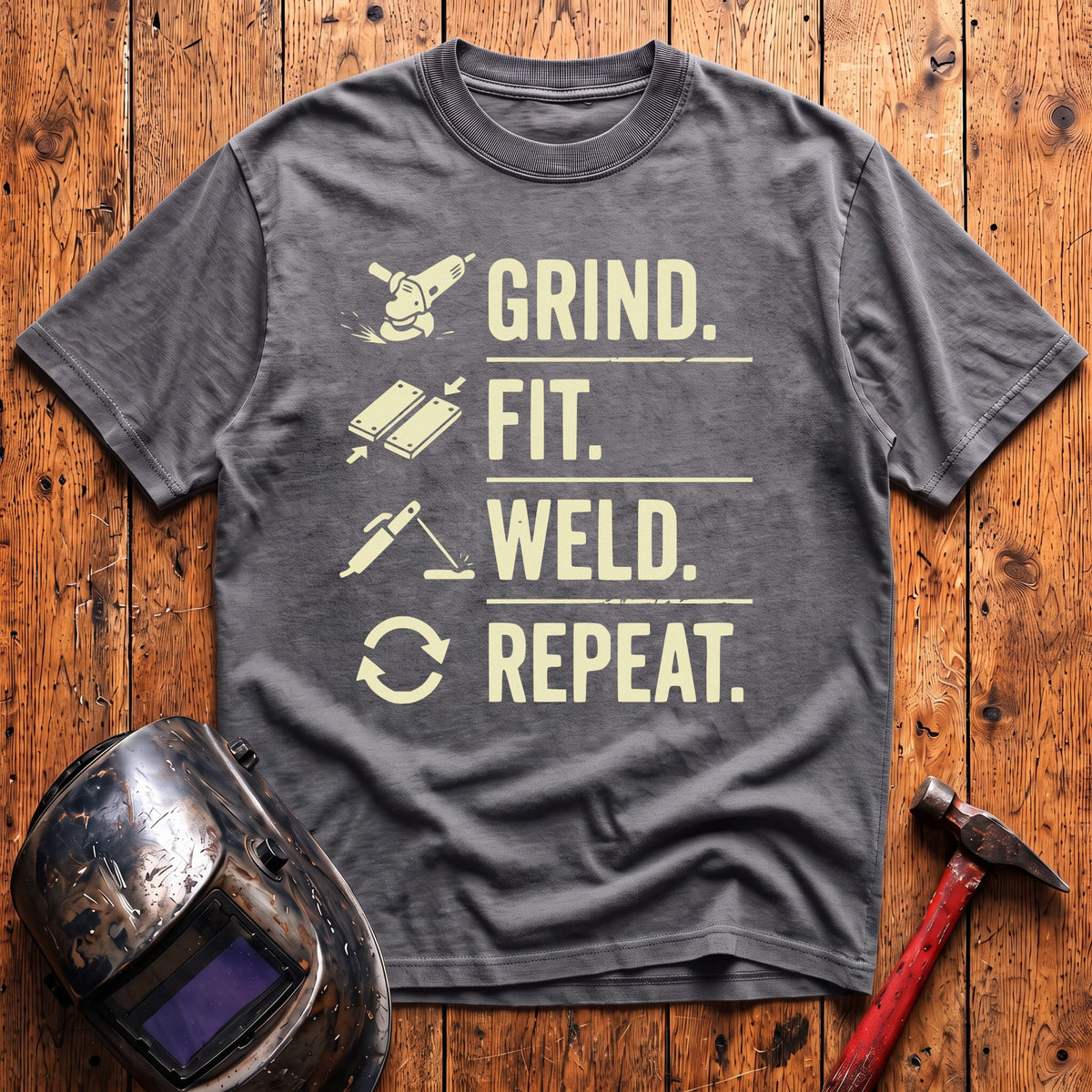 Grind. Fit. Weld. Repeat. T-shirt