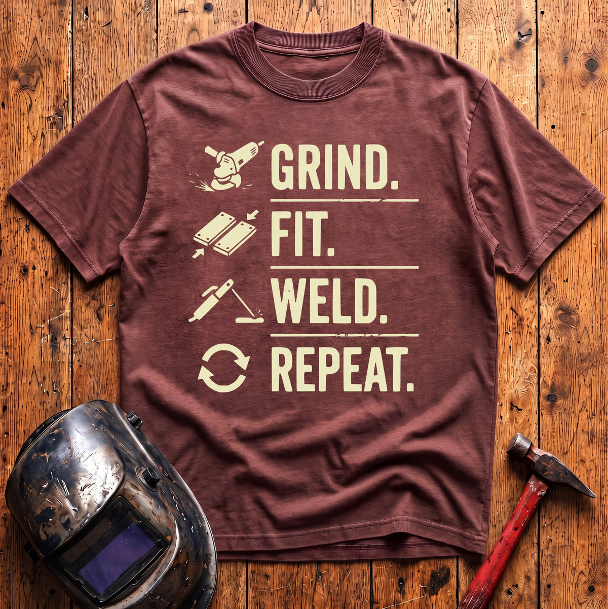 Grind. Fit. Weld. Repeat. T-shirt