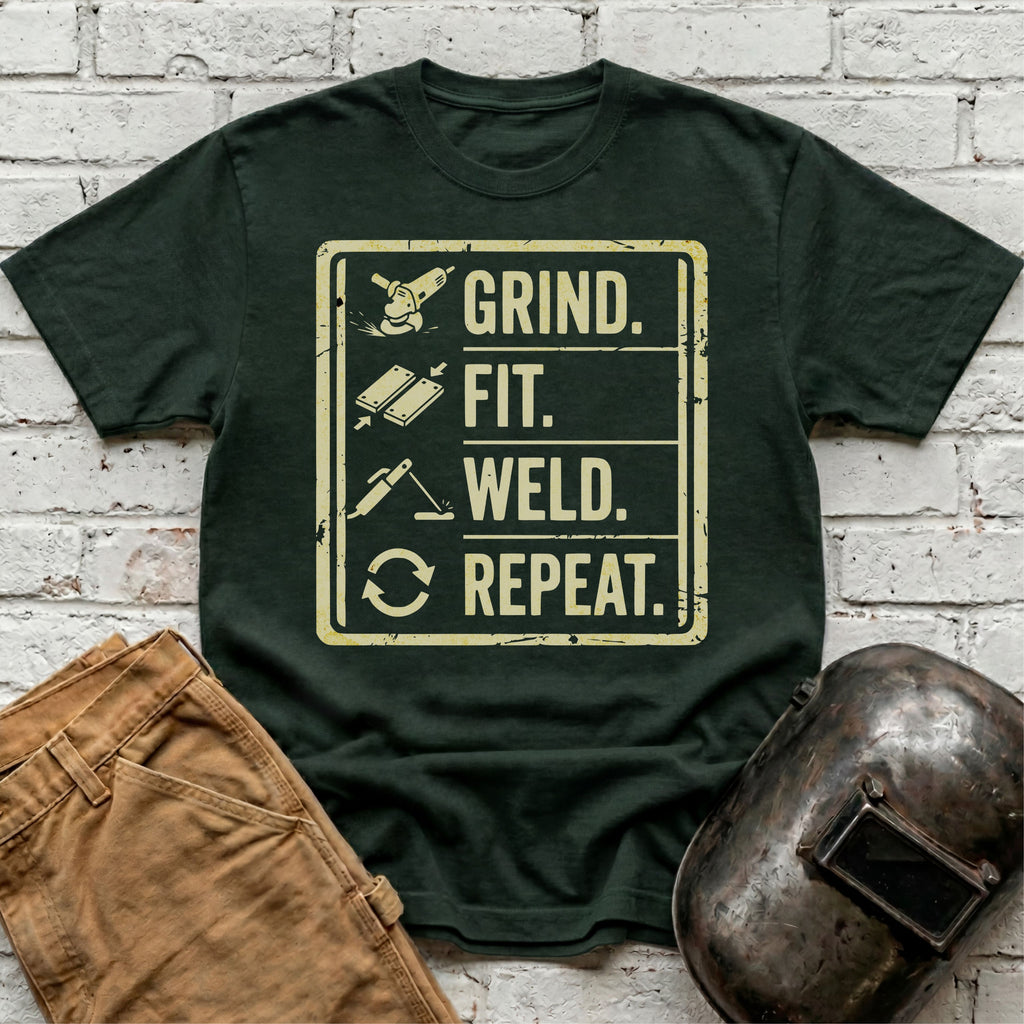 Grind. Fit. Weld. Repeat. T-shirt