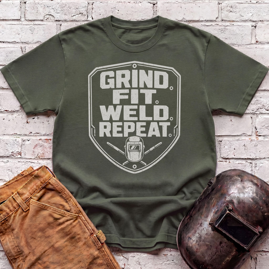 Grind. Fit. Weld. Repeat. T-shirt