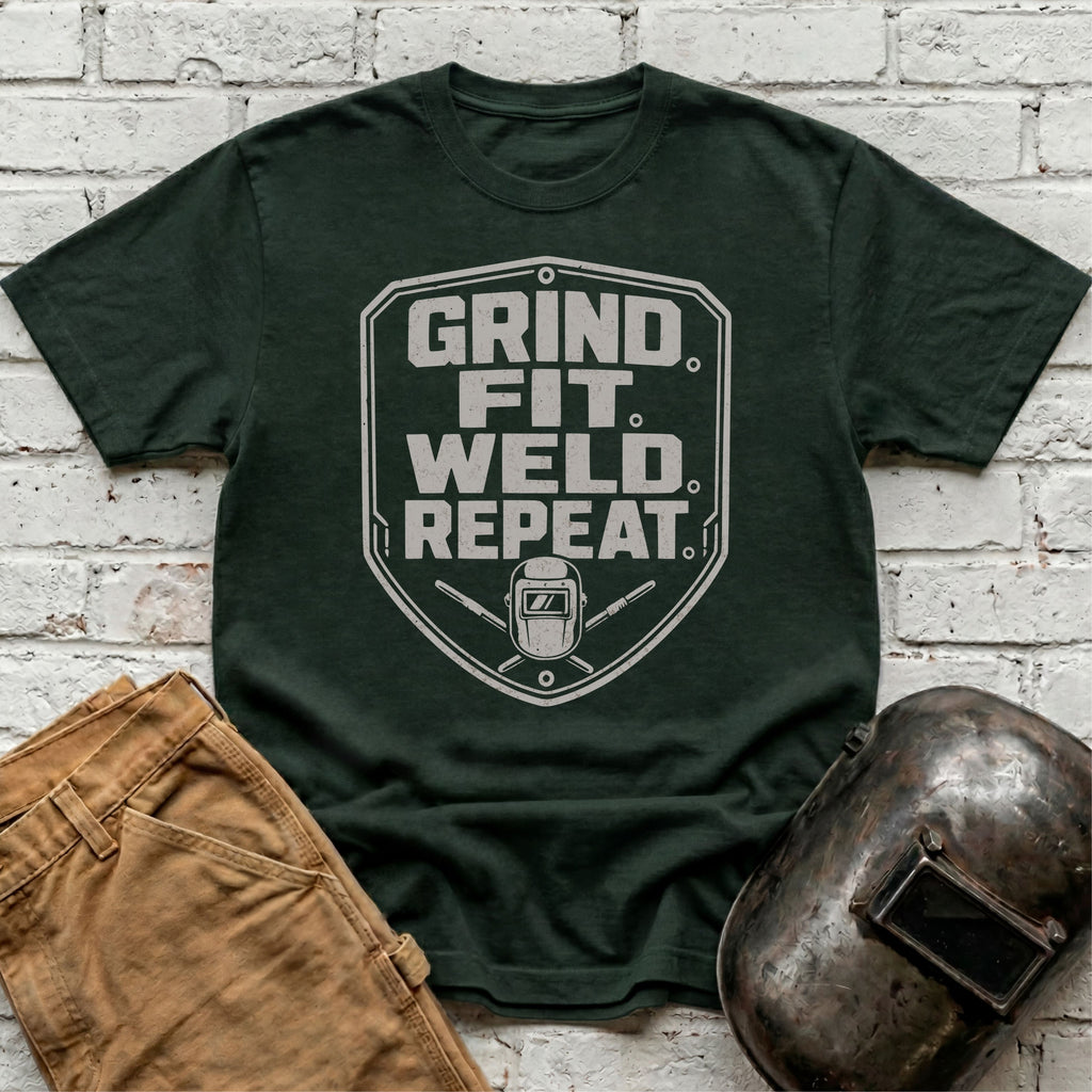 Grind. Fit. Weld. Repeat. T-shirt