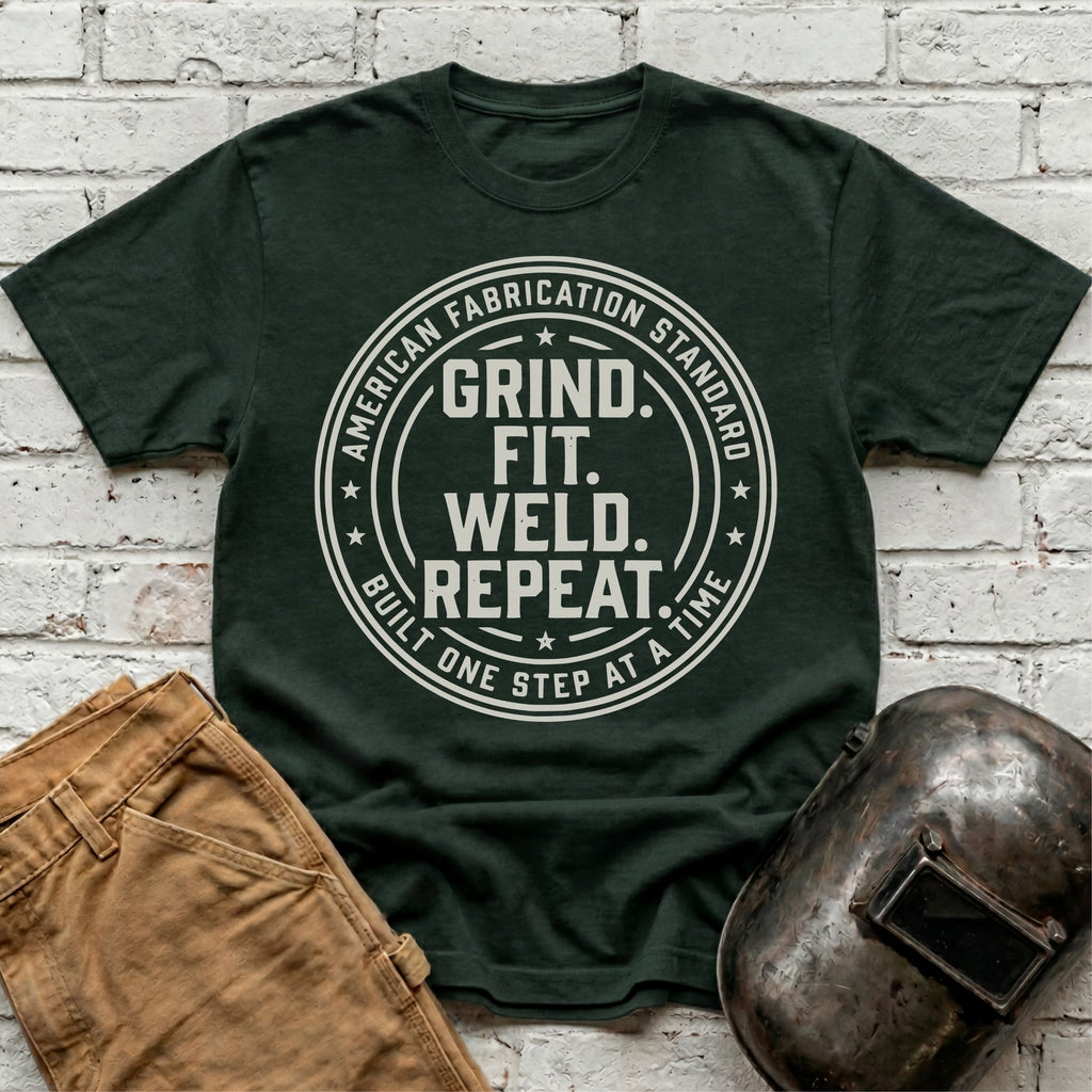 Grind. Fit. Weld. Repeat. T-shirt