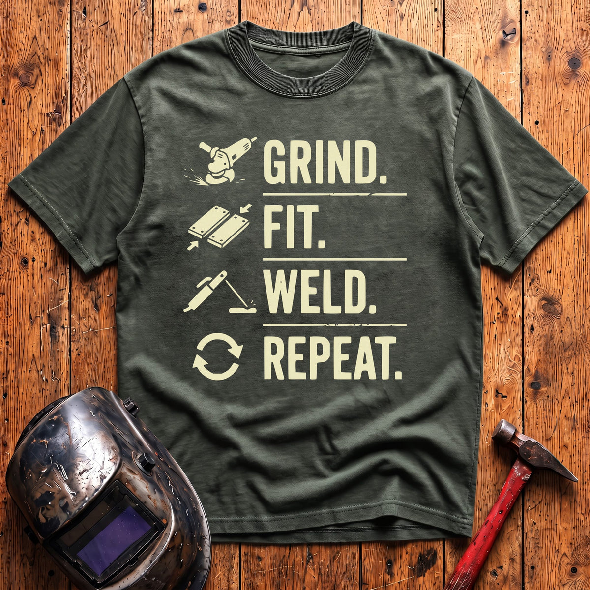 Grind. Fit. Weld. Repeat. T-shirt