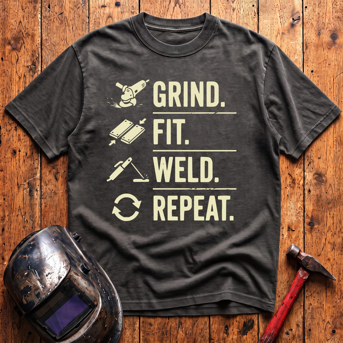Grind. Fit. Weld. Repeat. T-shirt