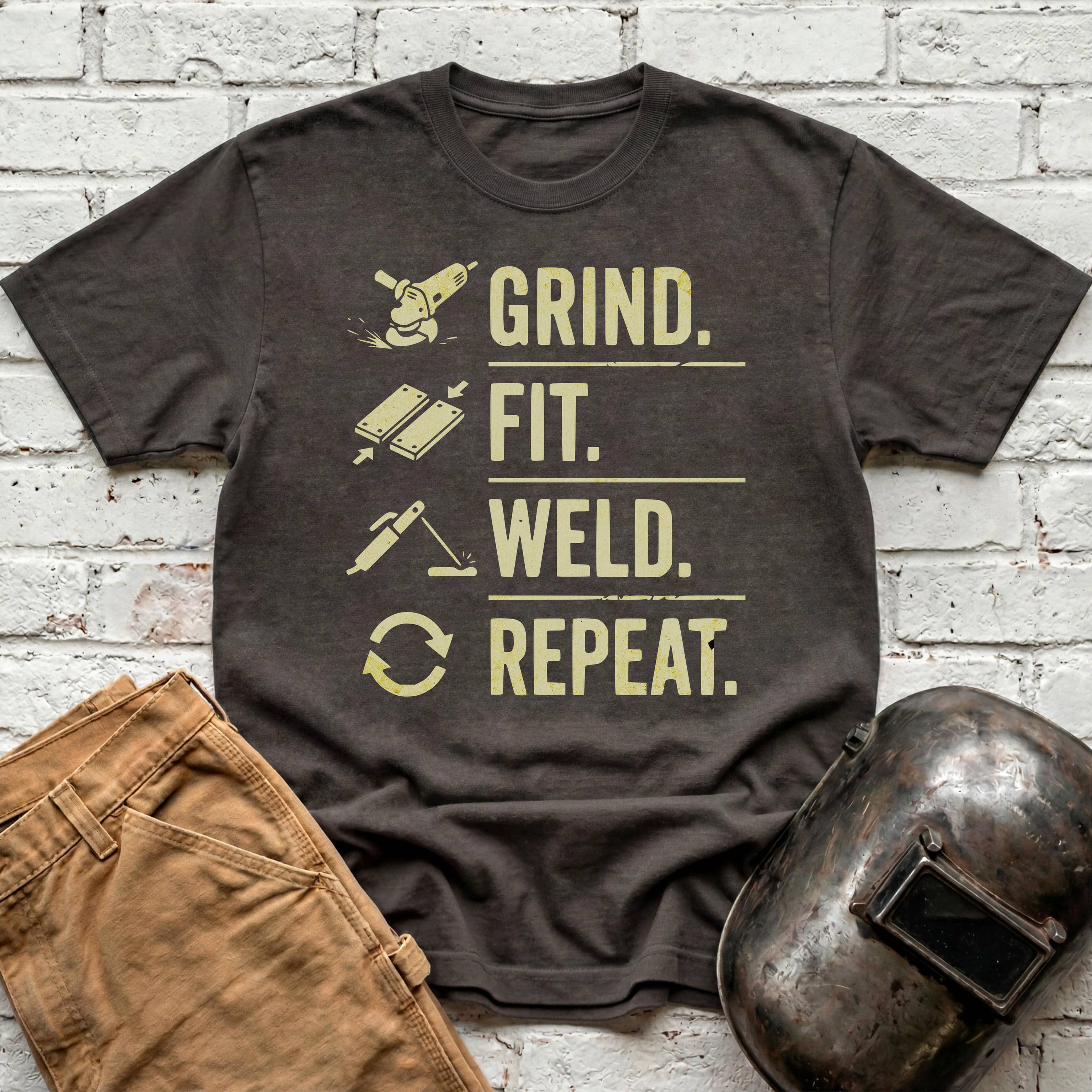 Grind. Fit. Weld. Repeat. T-shirt