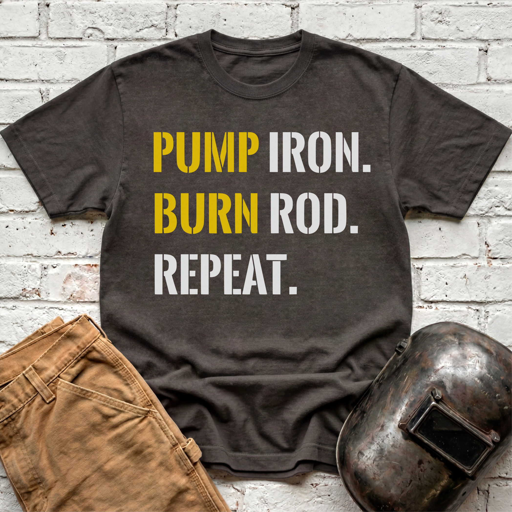 PUMP Iron. BURN Rod. REPEAT. T-shirt