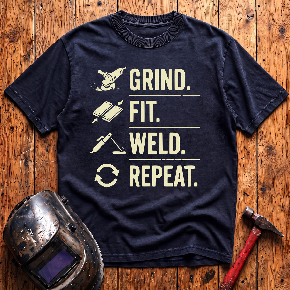 Grind. Fit. Weld. Repeat. T-shirt