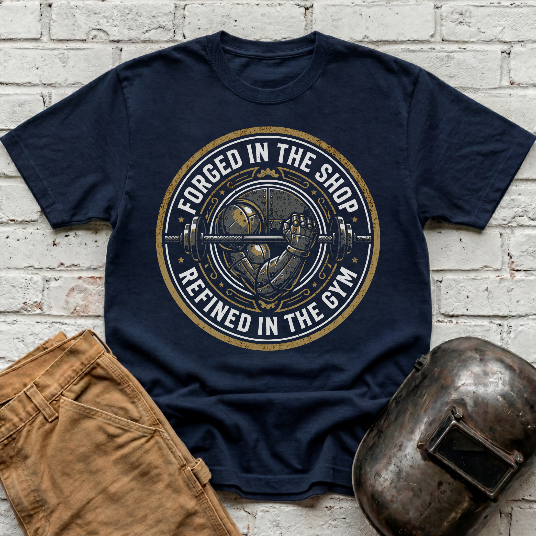 Forged in the Shop, Refined in the Gym Badge T-shirt