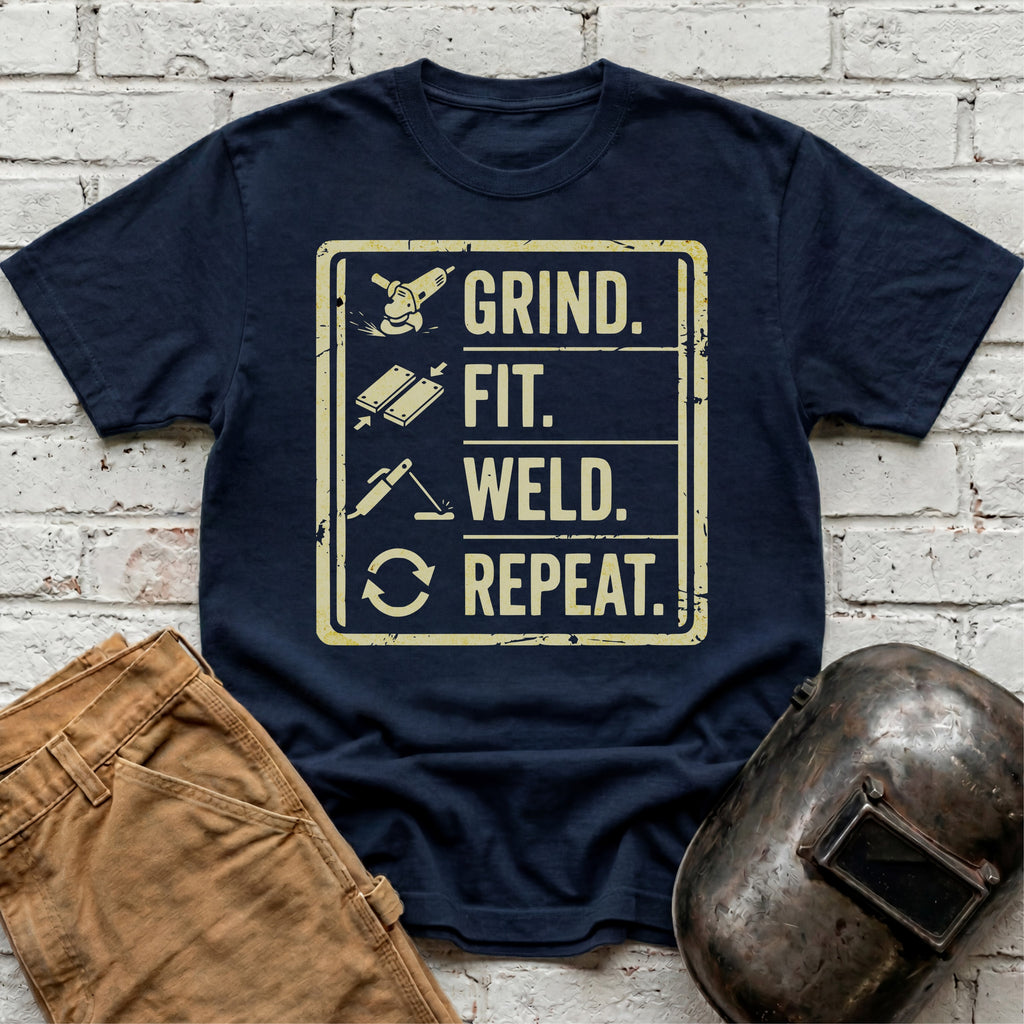 Grind. Fit. Weld. Repeat. T-shirt