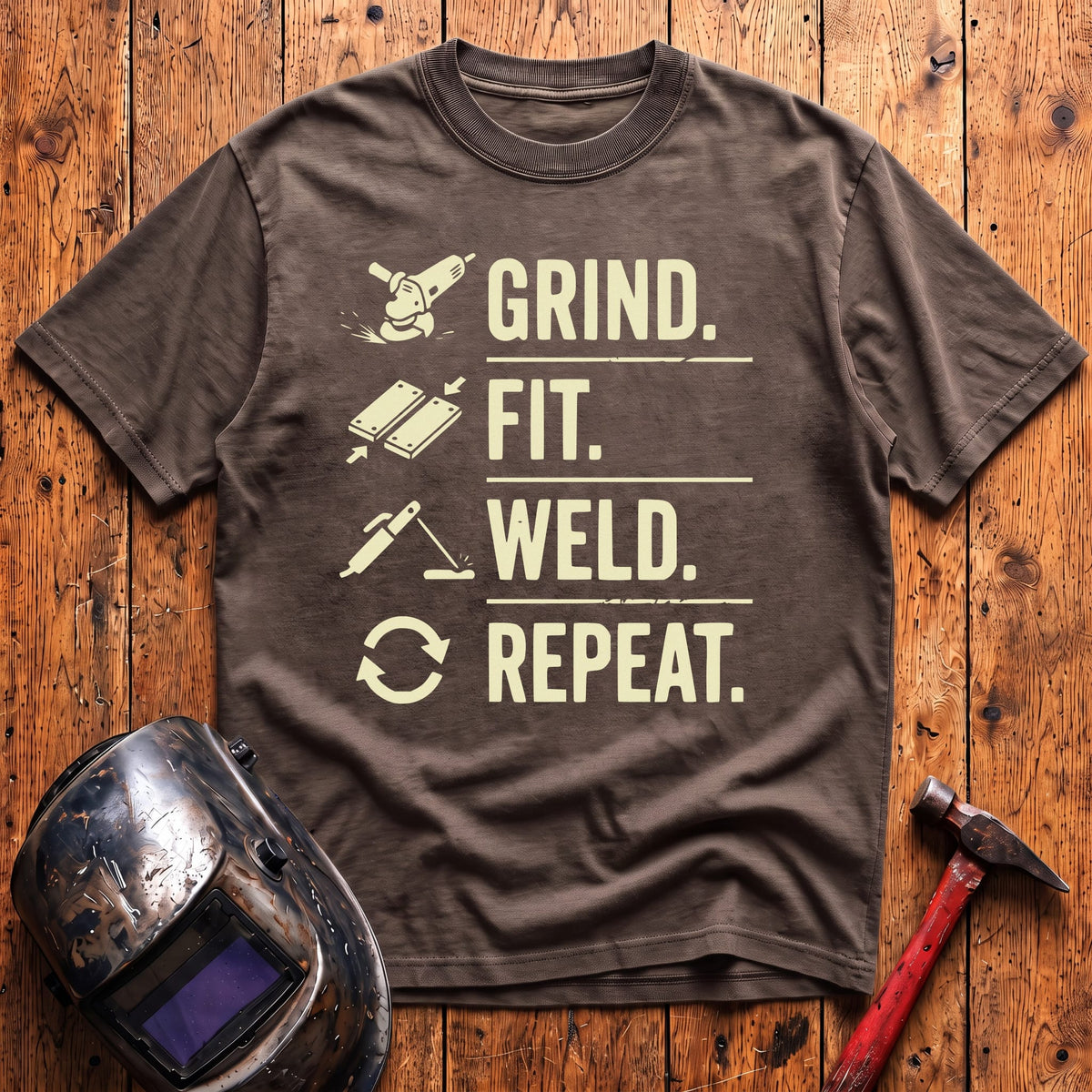 Grind. Fit. Weld. Repeat. T-shirt