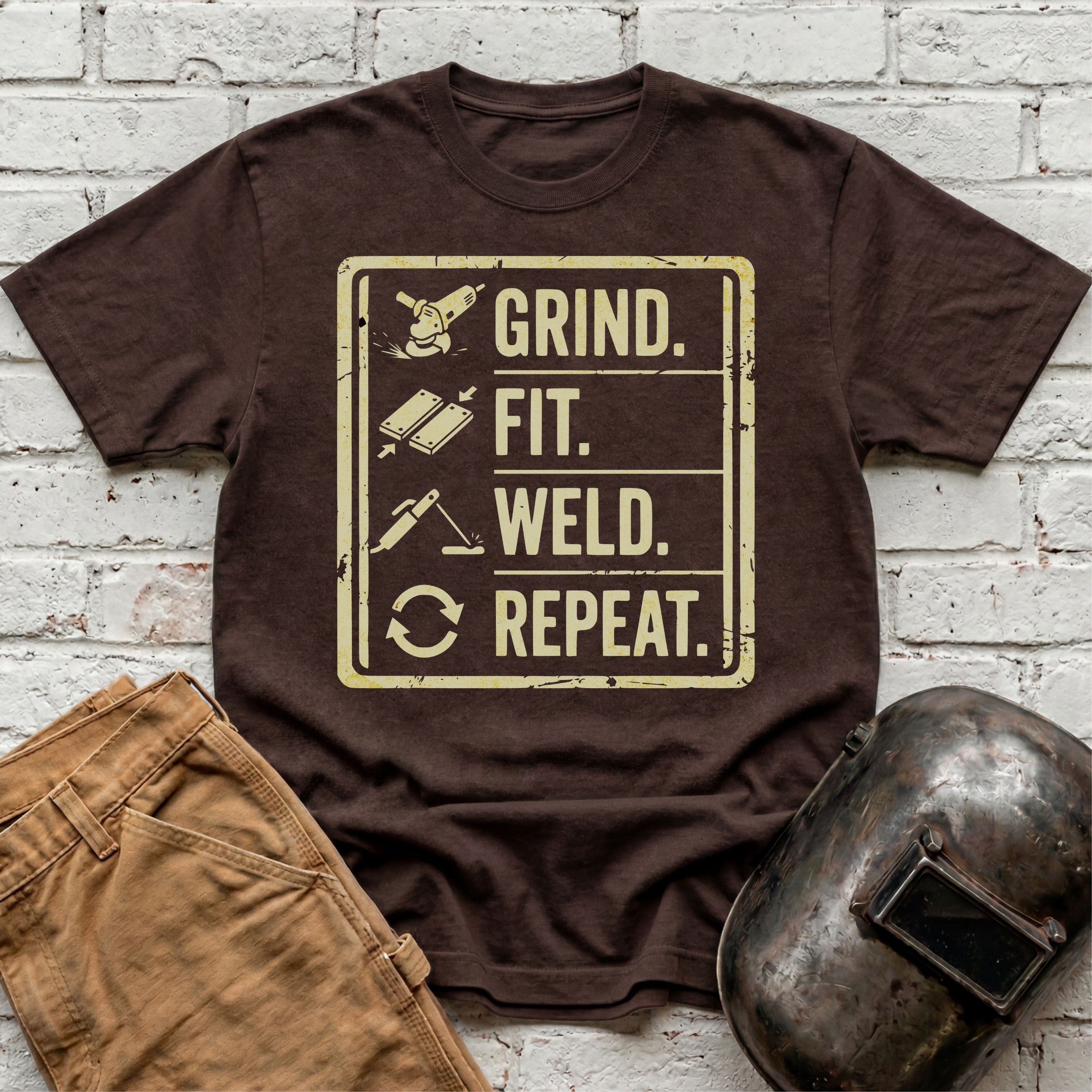 Grind. Fit. Weld. Repeat. T-shirt
